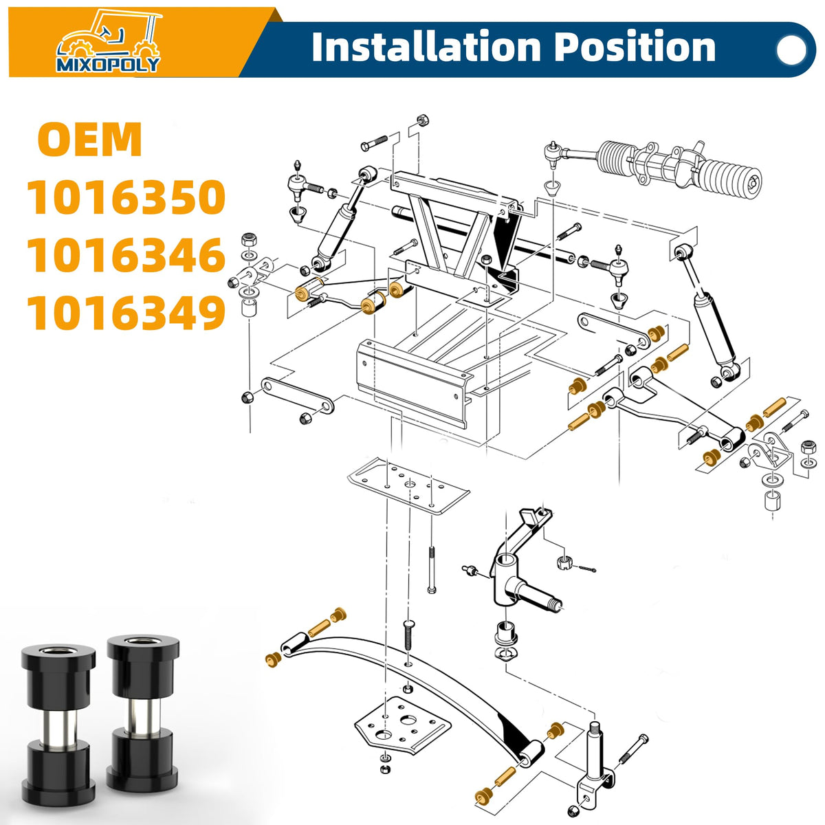 Mixopoly upper A-arm bushing sleeve kit supports smoother steering and longer life.