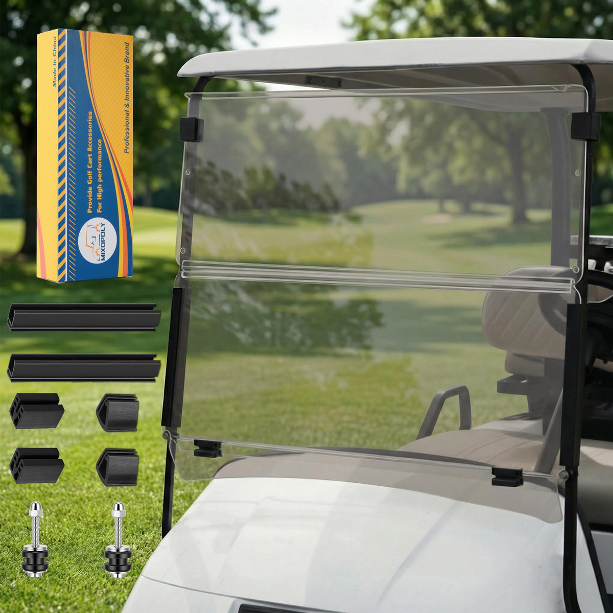 Mixopoly EZGO TXT windshield folded for compact storage and quick deployment.