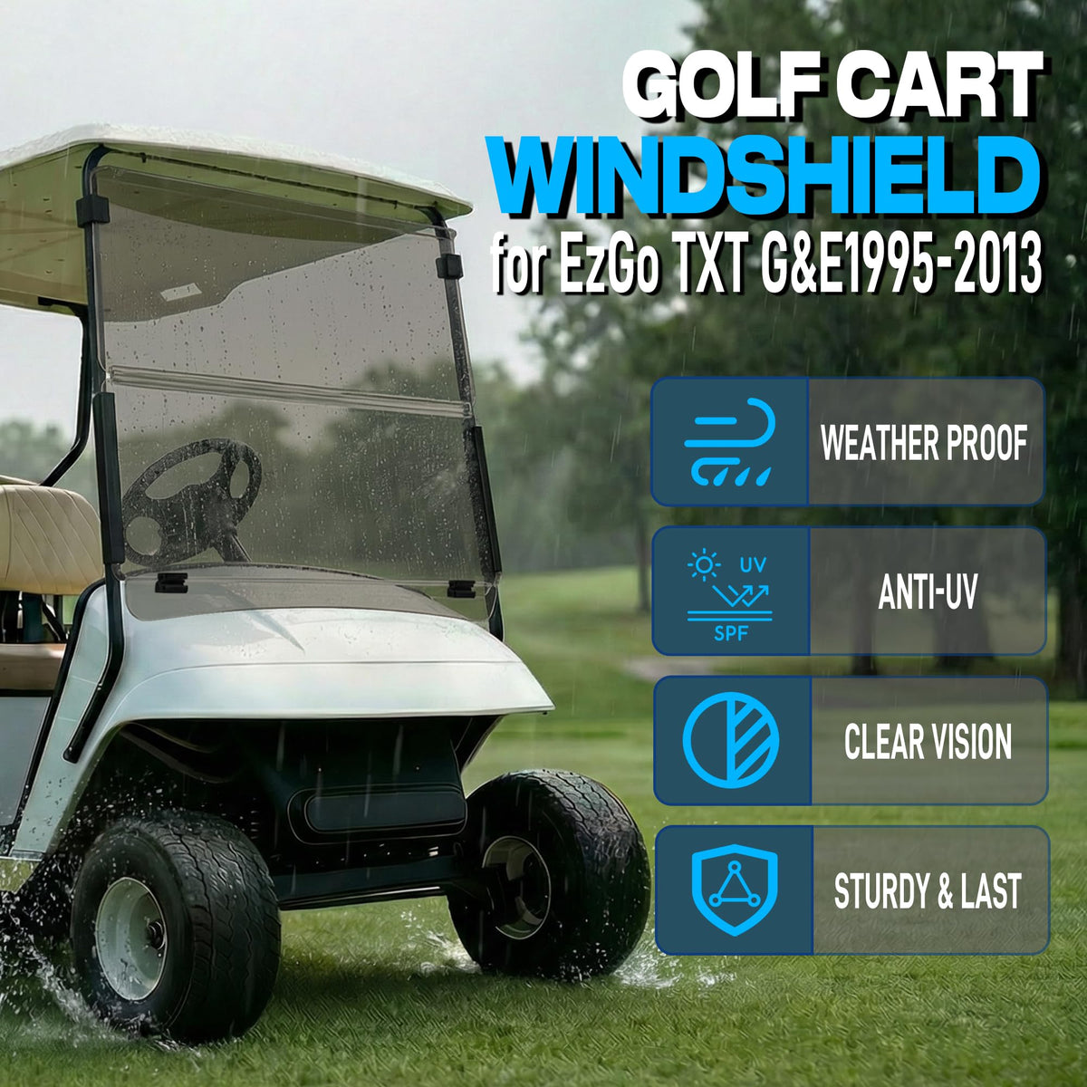 Mixopoly EZGO TXT windshield front view showing protection against wind and dust.