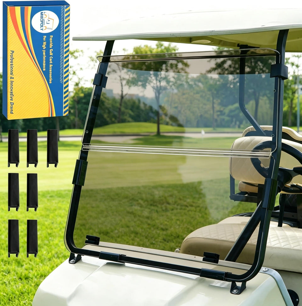 Mixopoly windshield for Club Car DS folds for easy storage and quick access.