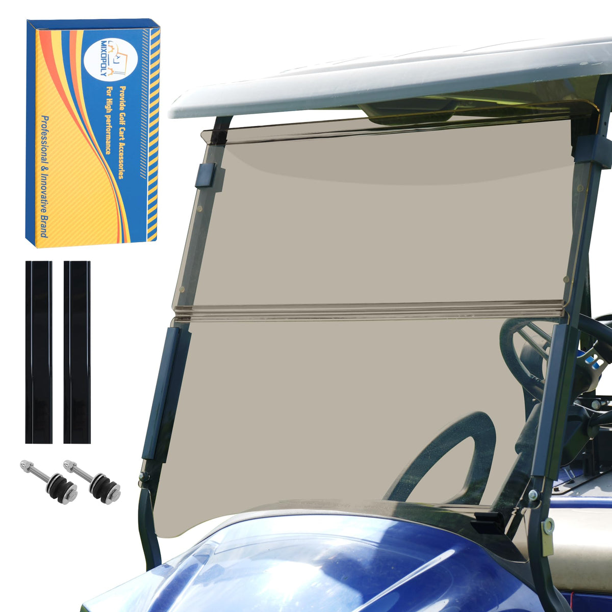 Mixopoly foldable windshield shown for Club Car Precedent, highlighting compact storage and flexibility