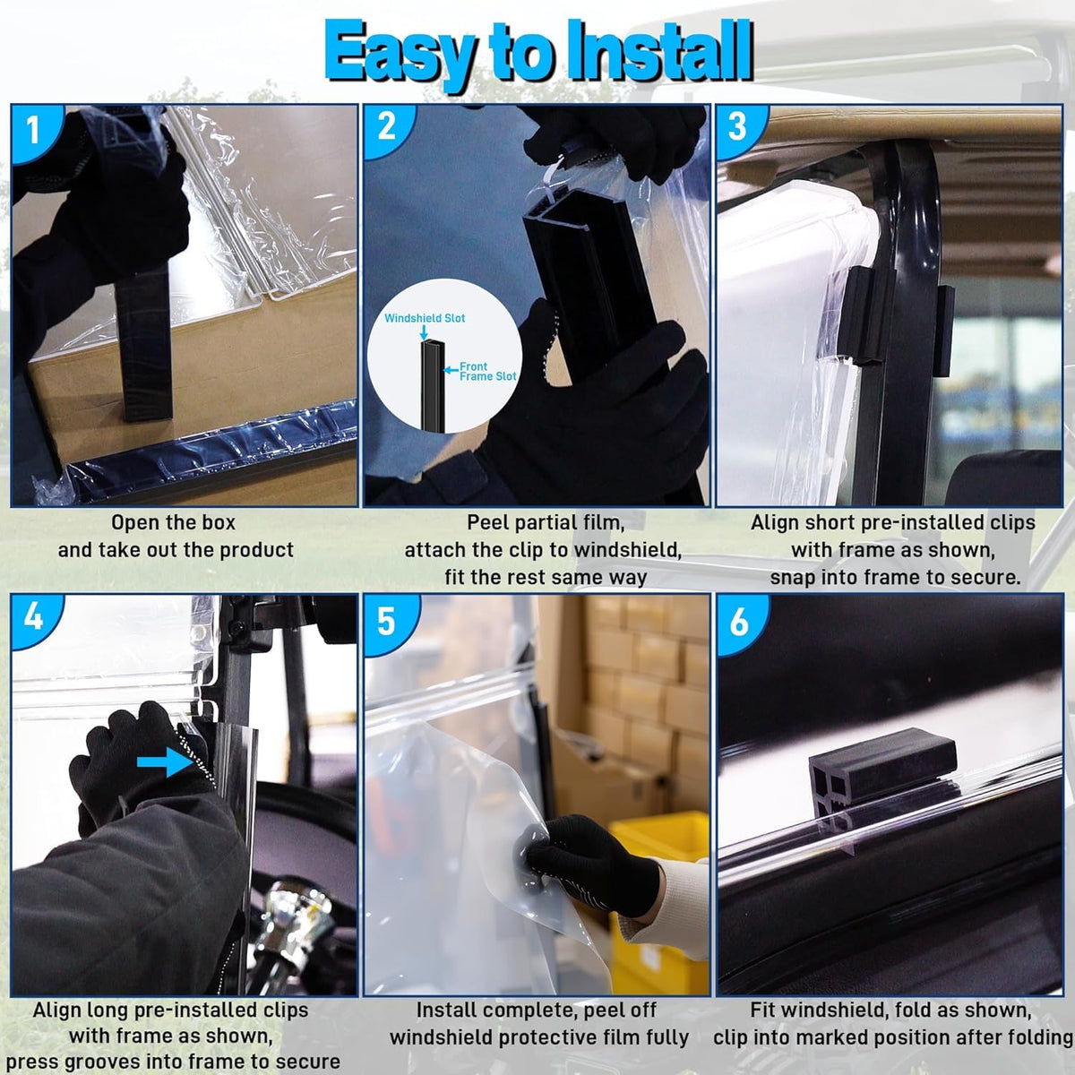 Mixopoly shatterproof windshield protecting driver from debris on rough trails.