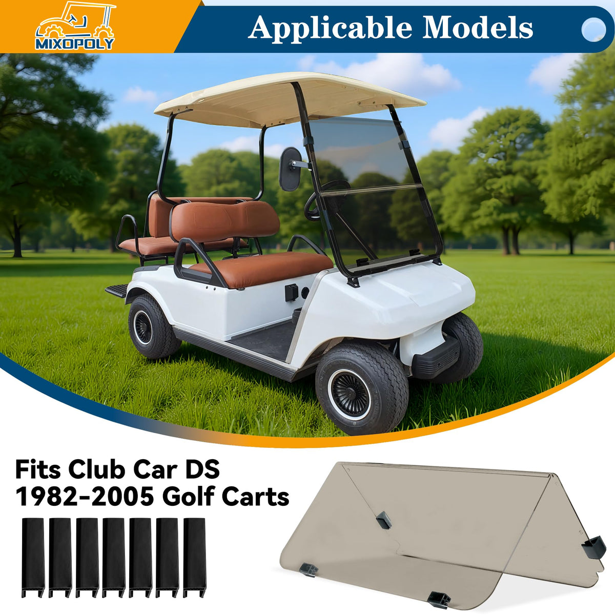 Mixopoly windshield for Club Car DS with UV protection reduces glare.