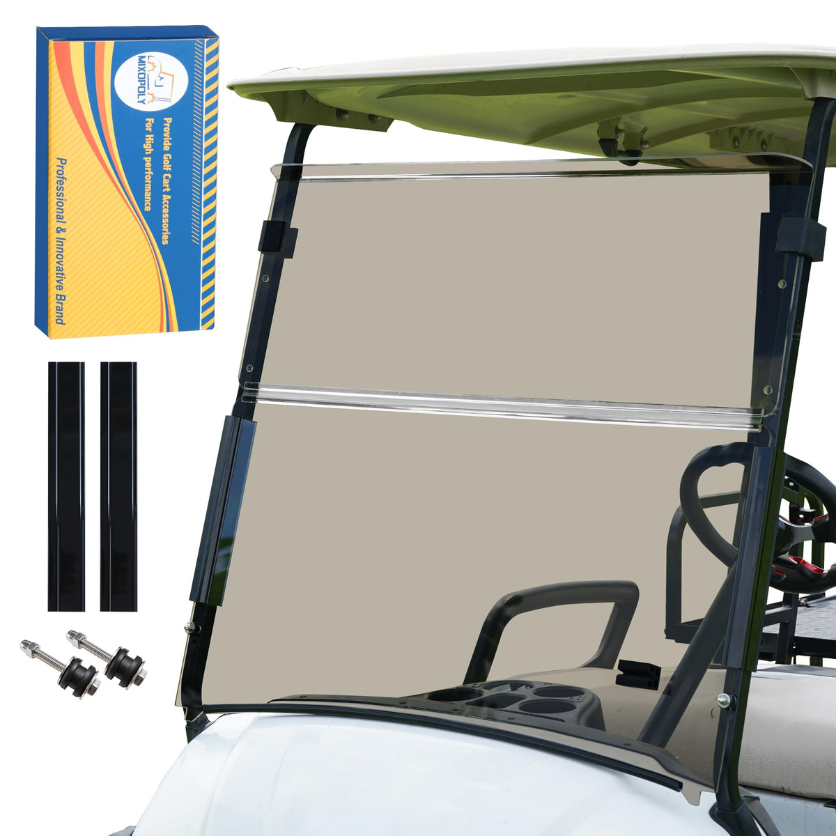 Mixopoly windshield for Yamaha Drive2 2017+ front view with tinted folding reduces glare during rides.