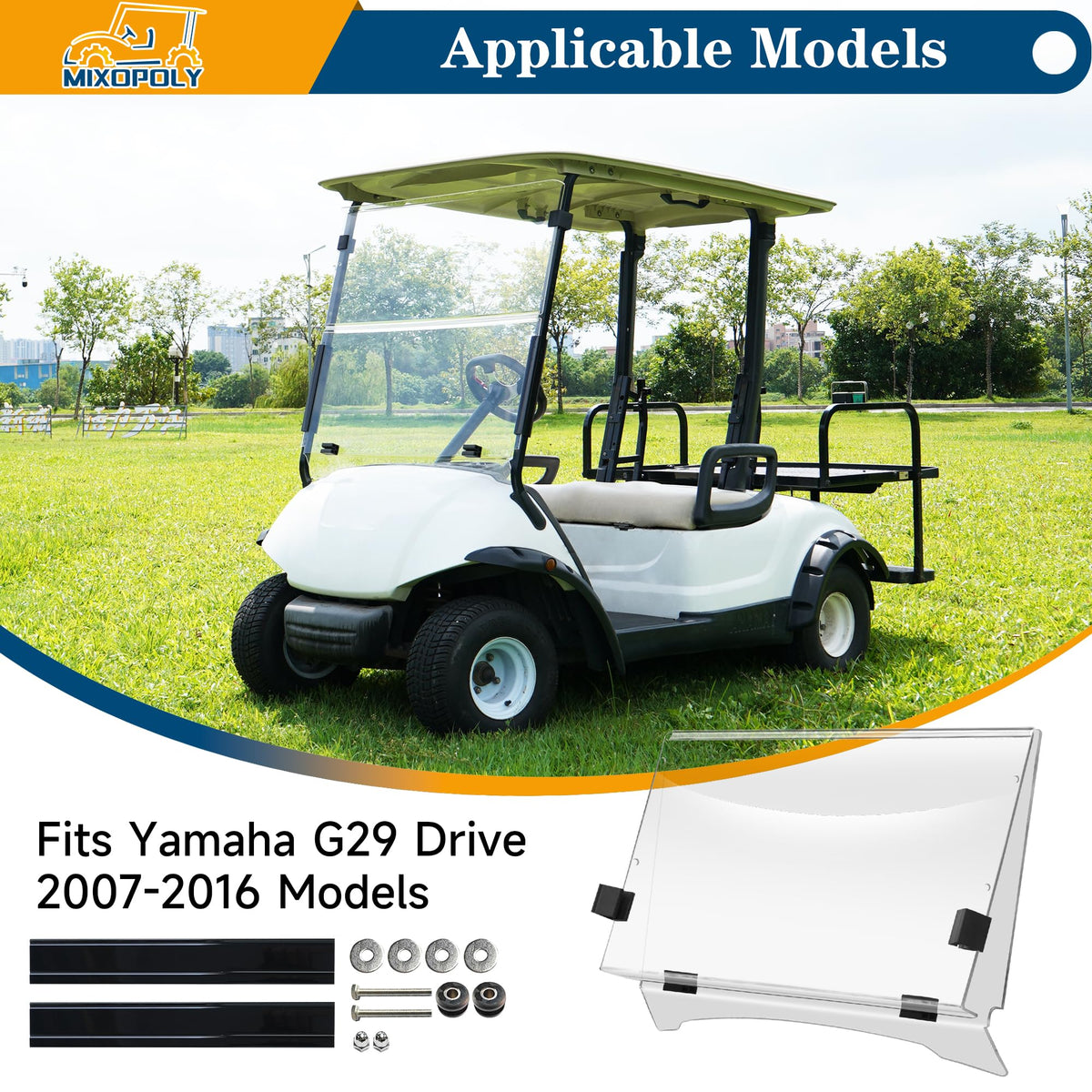 Mixopoly Yamaha G29 windshield side view shows compact, rugged fit for daily rides.