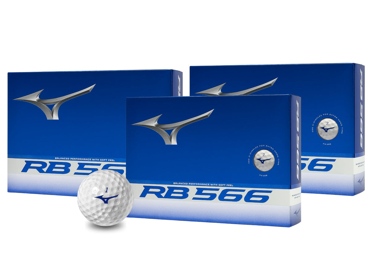 Mizuno RB566 golf balls in white, three-pack, offering softer feel and consistent distance