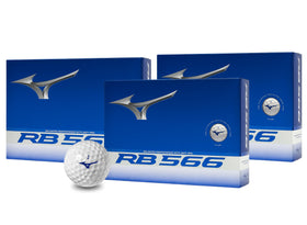 Mizuno RB566 golf balls in white, three-pack, offering softer feel and consistent distance