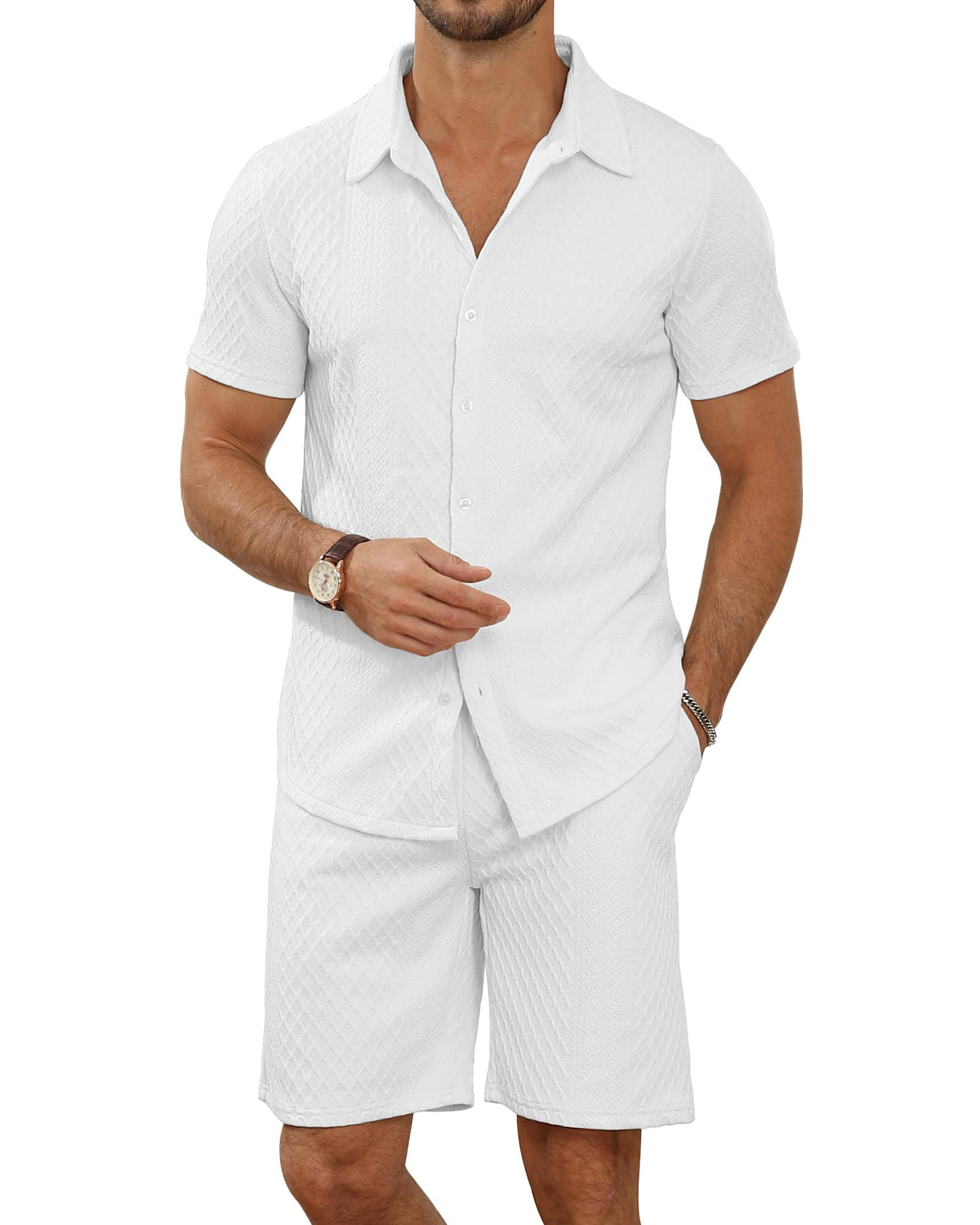 MLANM men's 2-piece outfit, front view, crisp white shirt for daily comfort.