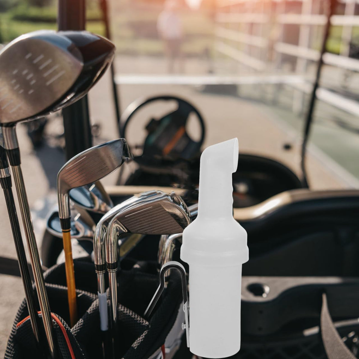 Mobestech sand container integrated with golf cart accessories.