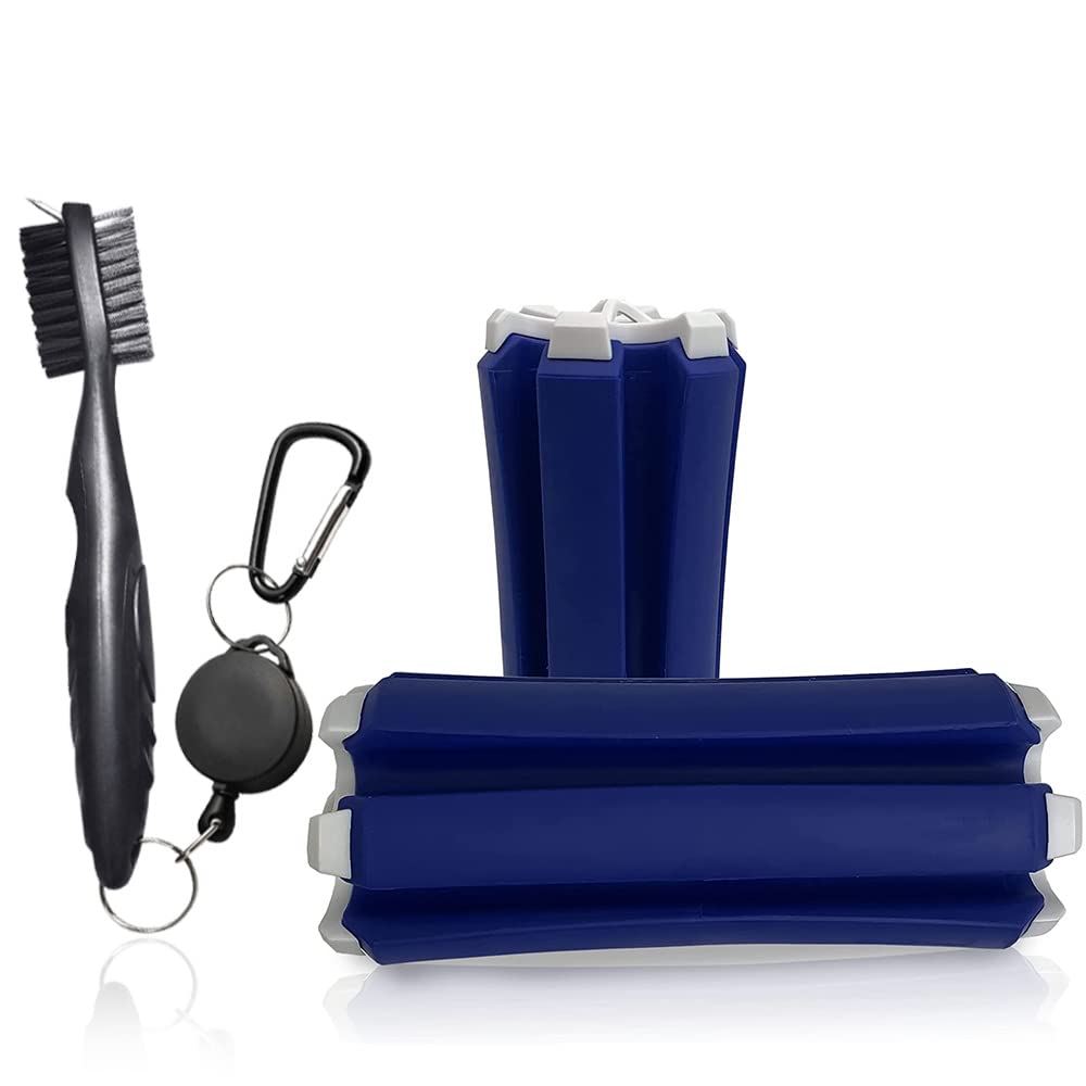 Mobile Pro Shop golf club carrier in blue and white holding up to six clubs for easy transport