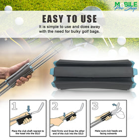 Keeps clubs dry between shots on damp days with brush aid.