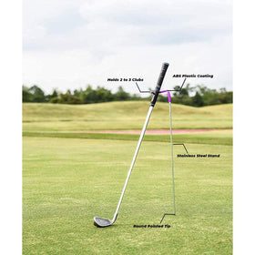 Portable golf club holder supports easy access and organization on the move.