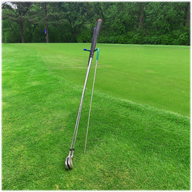 Mobile Pro Shop V shaped stand on the green keeps clubs clean and visible