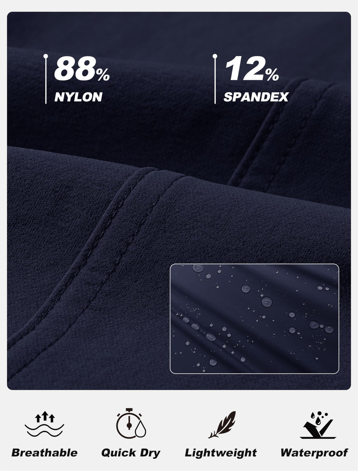 MoFiz water-resistant capri pants shedding droplets after light rain.