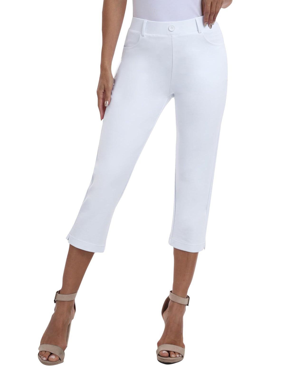 MoFiz women's Capri pants in white pull-on stretch for all-day comfort.