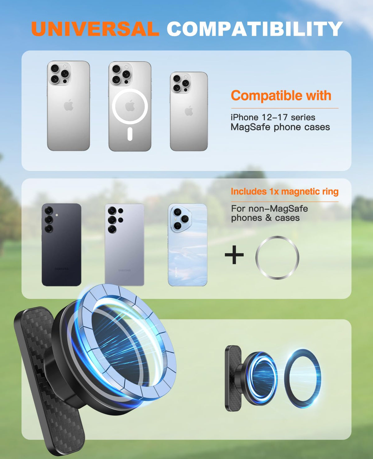 MoKo hands-free golf setup supports GPS and swing analysis.