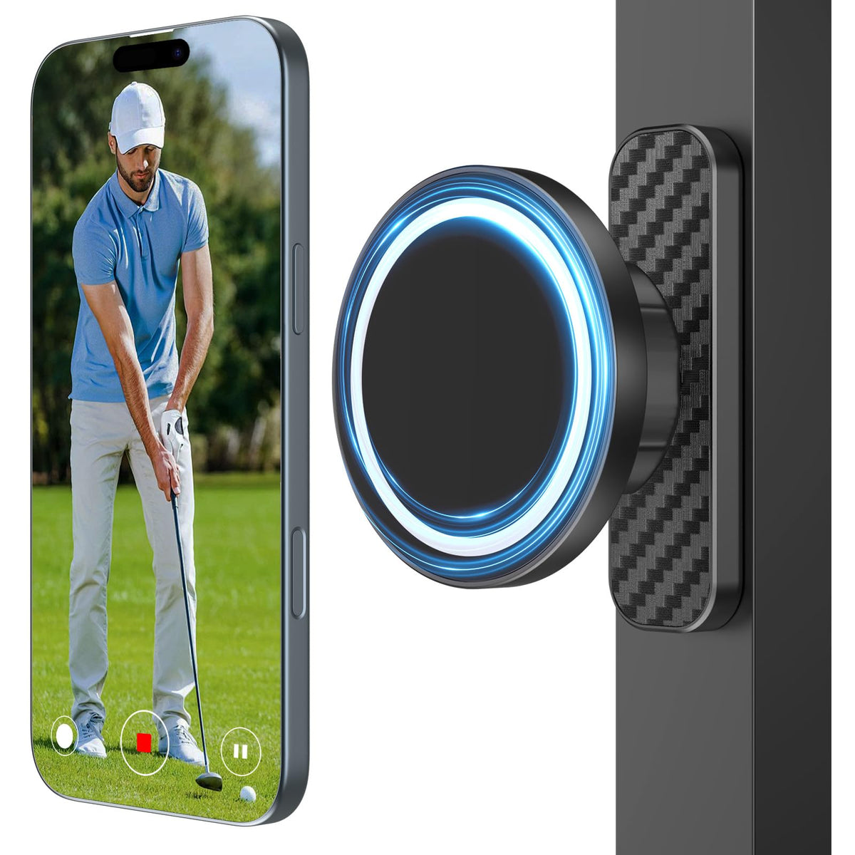 MoKo magnetic golf cart phone holder on cart; secure attachment for easy access.