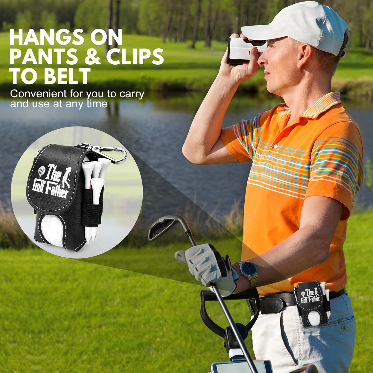 Montela Golf pouch with aluminum key chain for convenient carry.