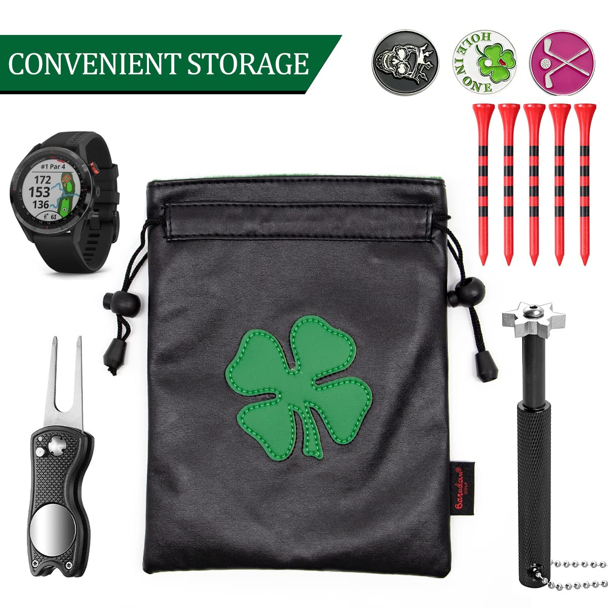 Montela Golf ball pouch measures 6" x 7" for compact transport.