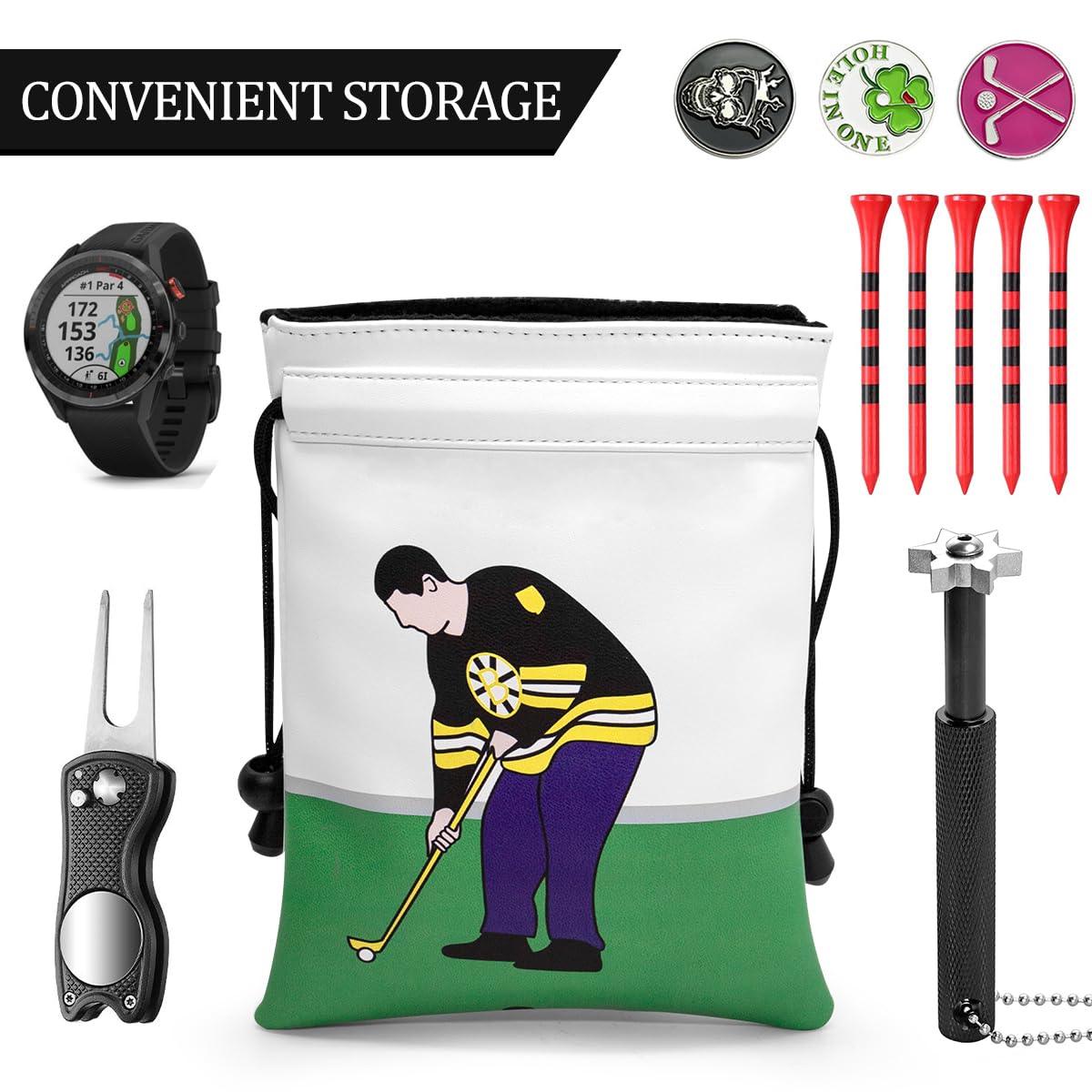 Montela Golf Drawstring Pouch attaches easily to most golf bags.