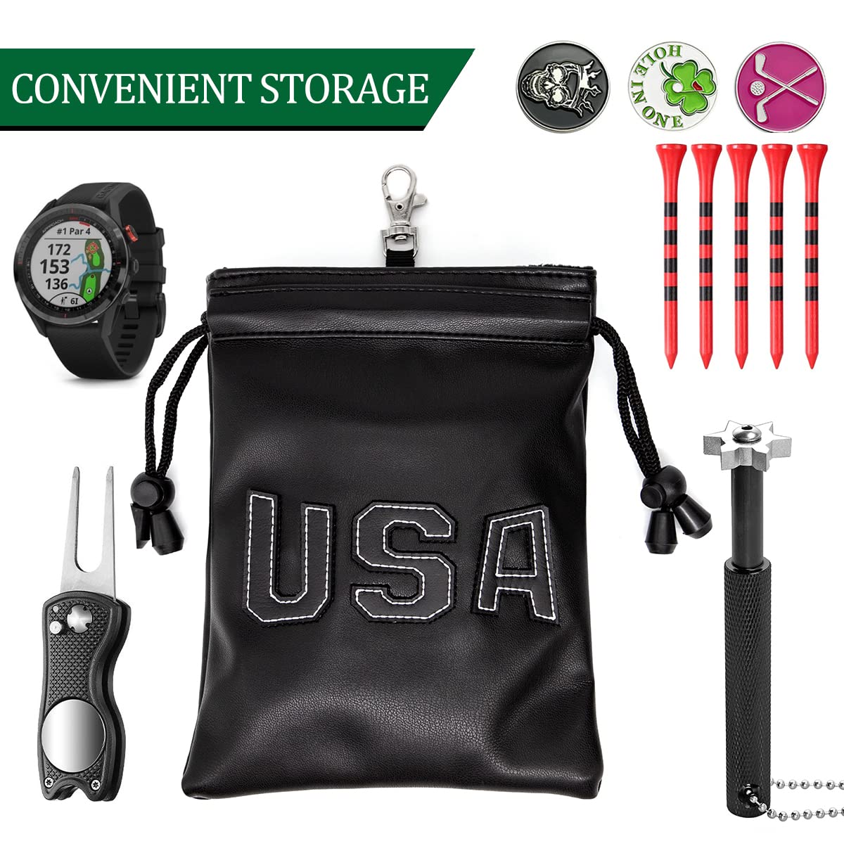 Montela Golf tee pouch stores tees and markers for quick access in play.