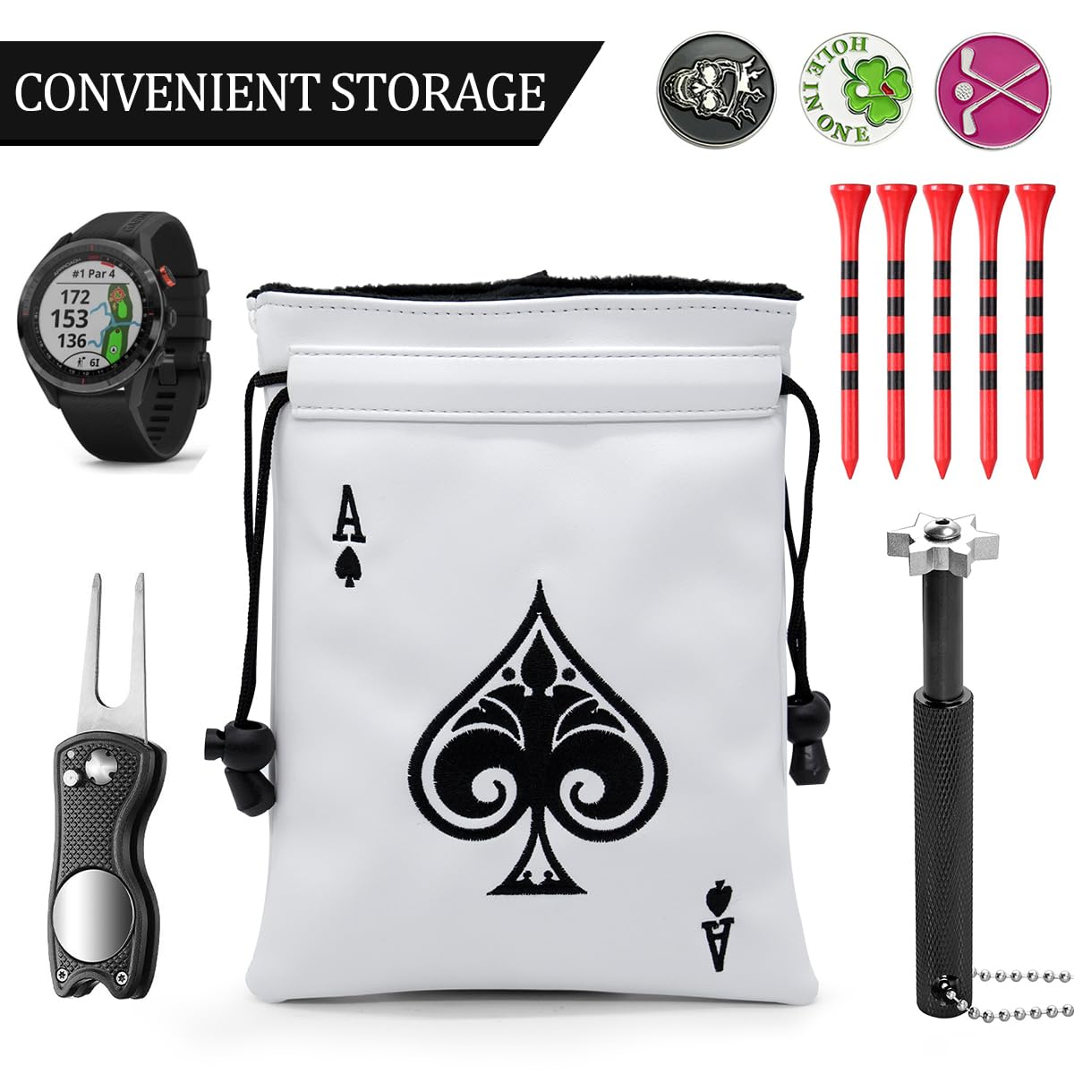 Montela Golf tees and markers fit neatly inside the pouch