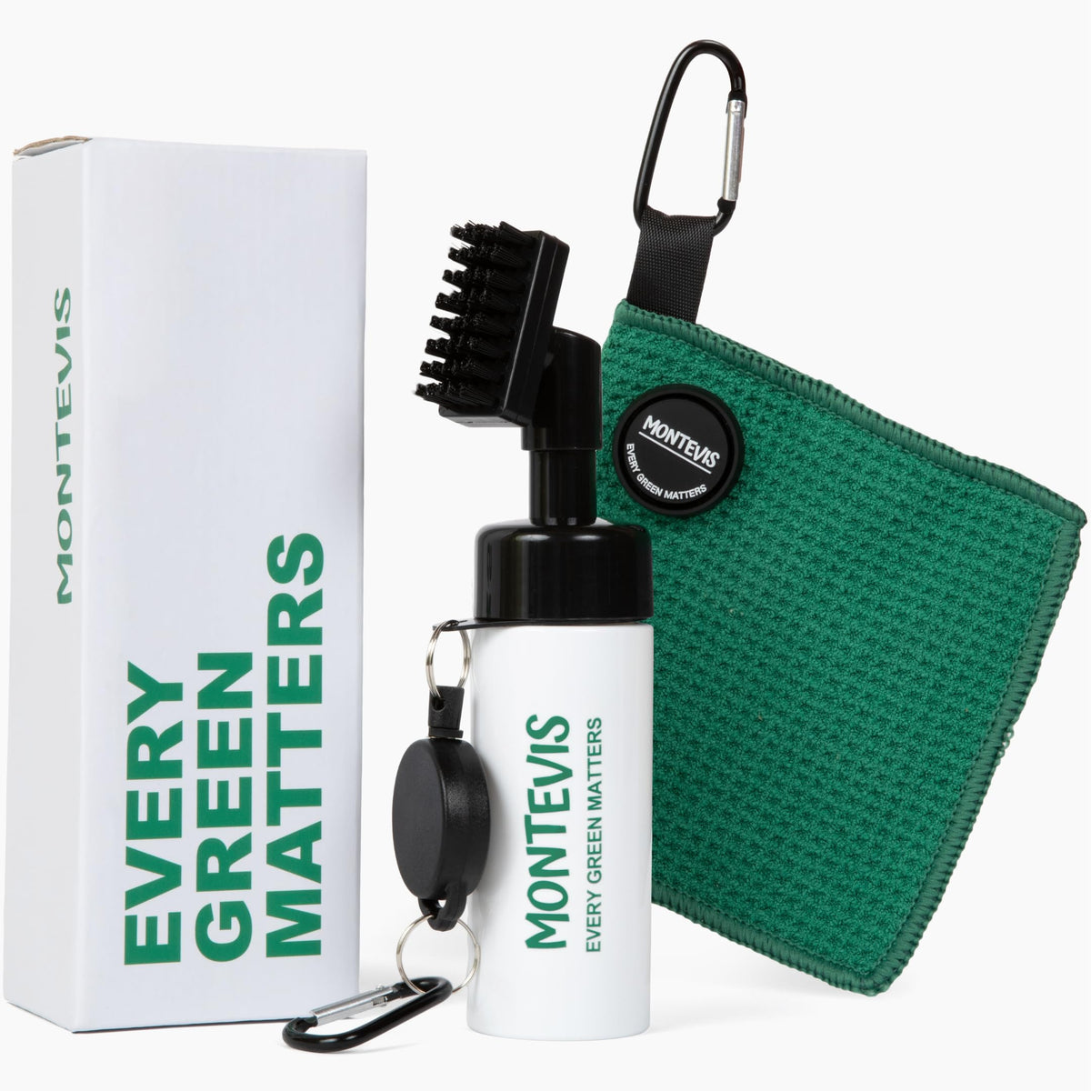 MONTEVIS golf club brush with water spray cleans grooves on the go.