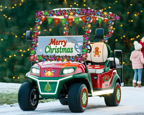 Moon Boat tinsel garlands wrap around golf cart poles for festive charm