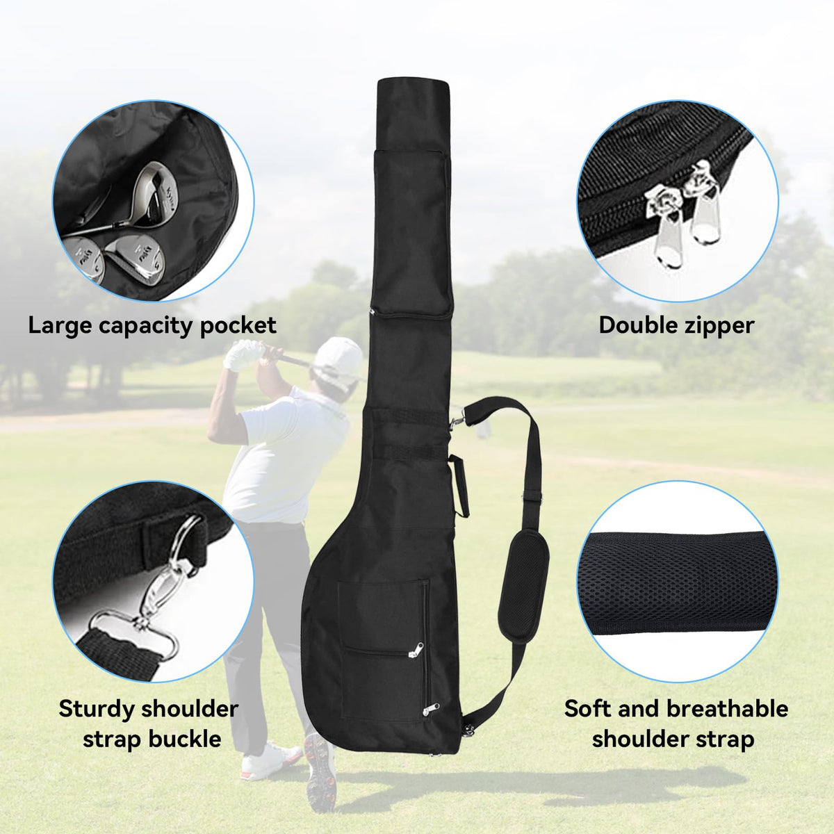 Moreen mini golf bag folds flat when not in use for easy storage.