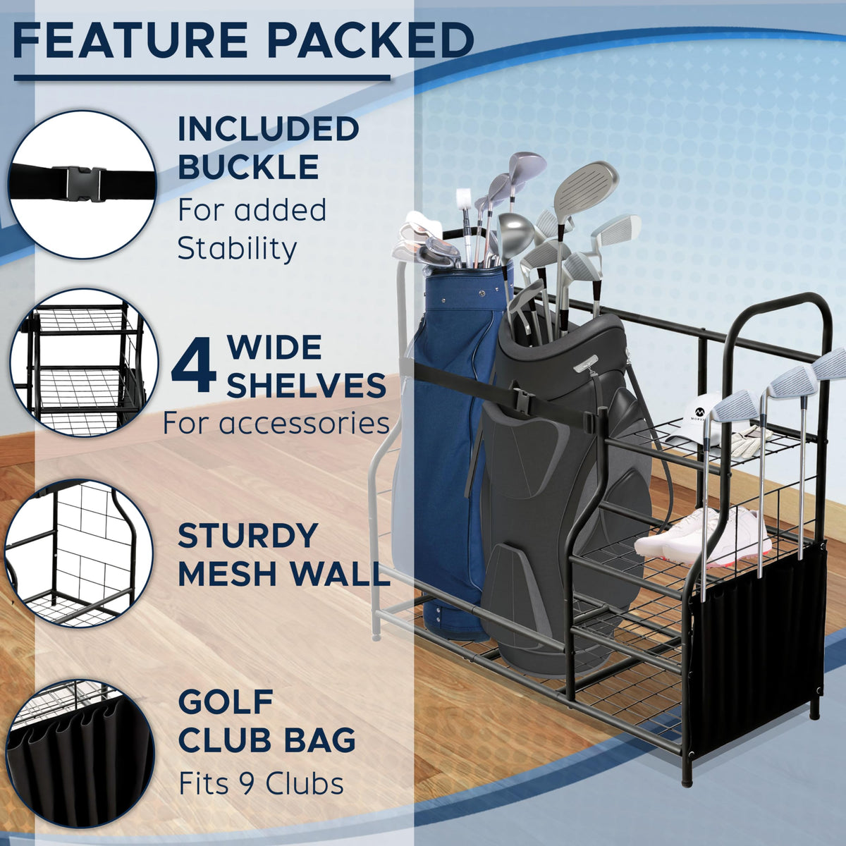 Morvat golf organizer demonstrates durable powder-coated metal construction with soft edges.