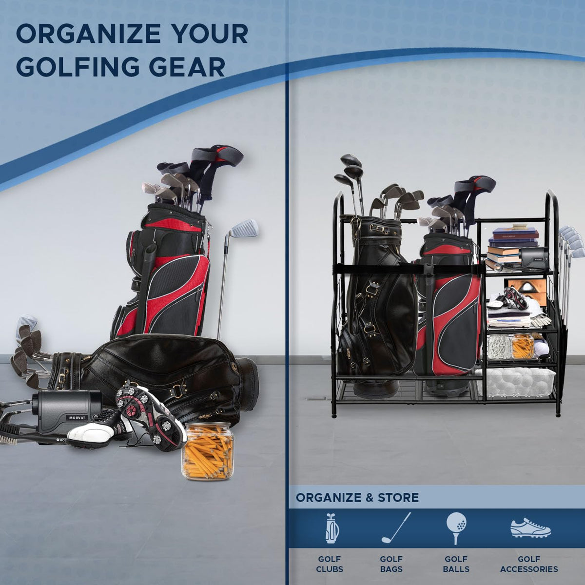 Morvat adjustable-feet stand keeps clubs level on uneven surfaces.