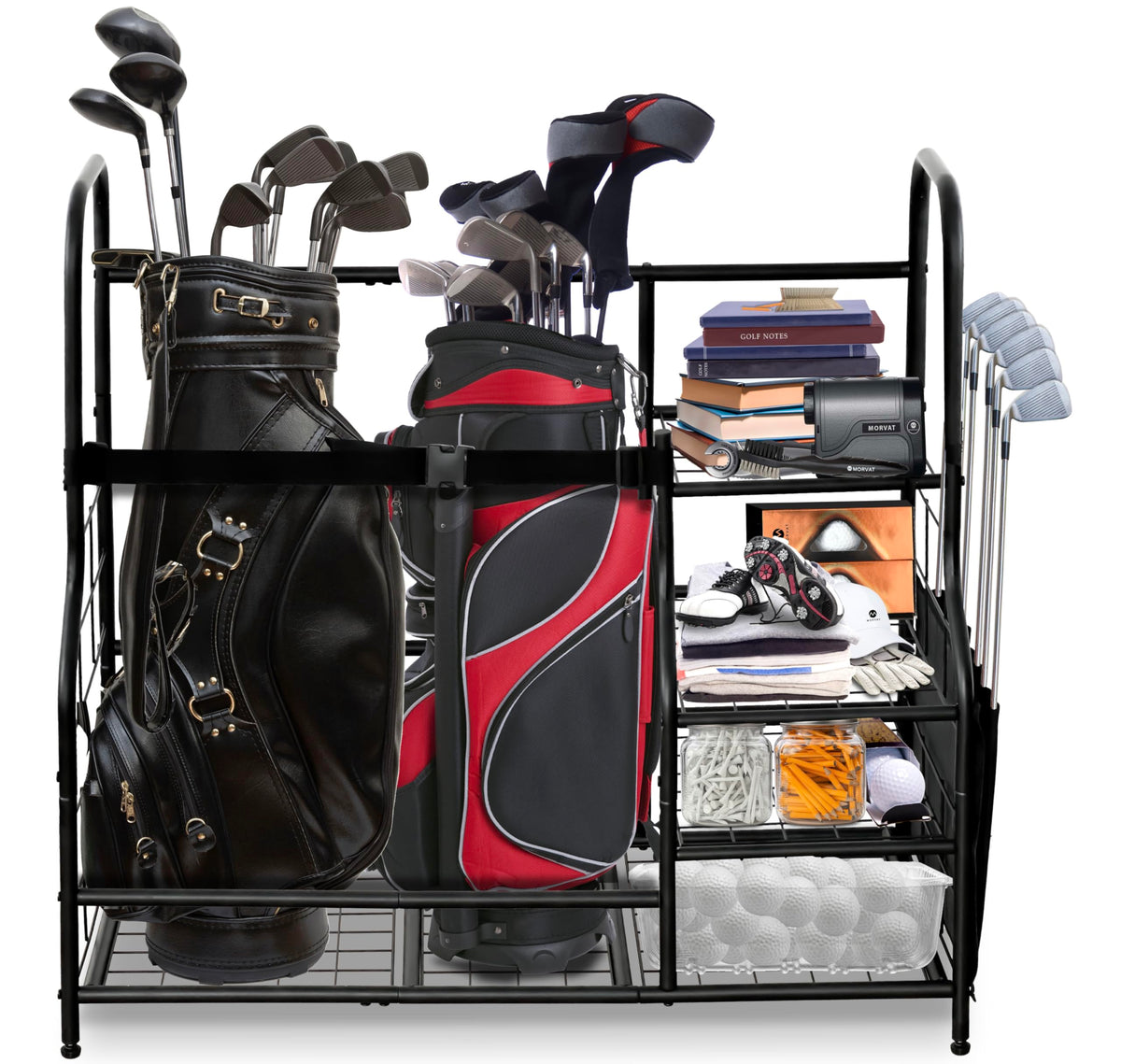 Morvat Golf Storage Organizer with two bags on a sturdy metal rack for easy access.
