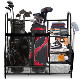 Morvat Golf Storage Organizer with two bags on a sturdy metal rack for easy access.