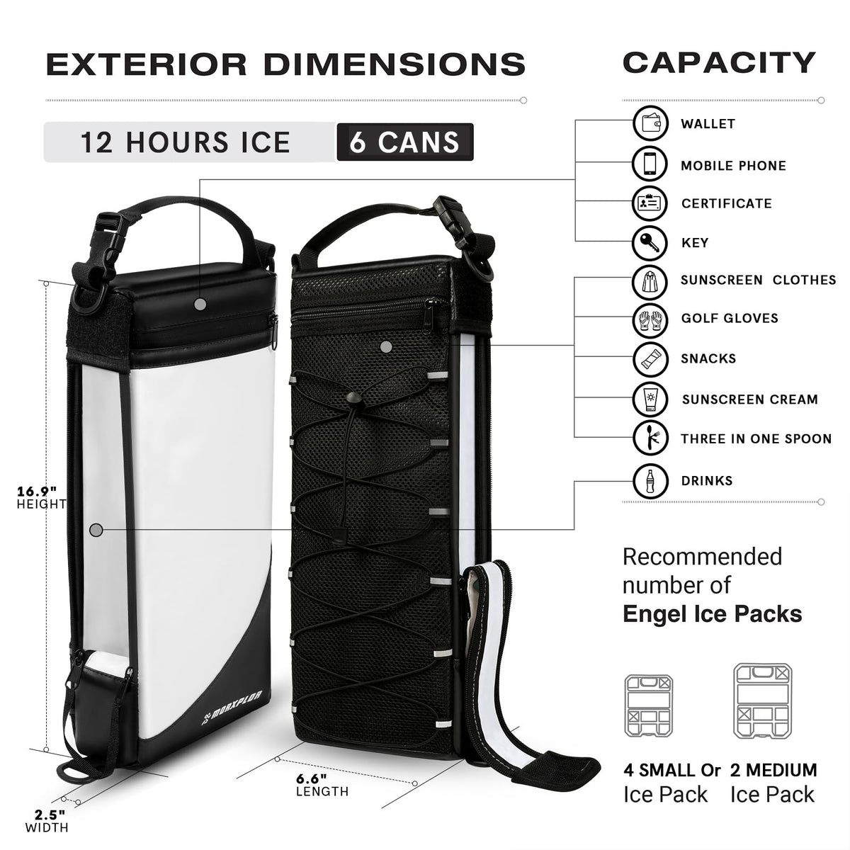Slim-profile MORXPLOR cooler bag fits inside most golf bags for quick access.