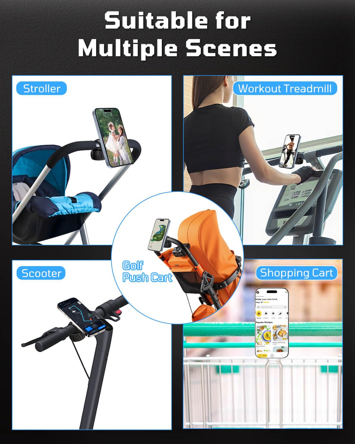 MOSNAI clip demonstrates compatibility with carts, strollers, and shopping carts