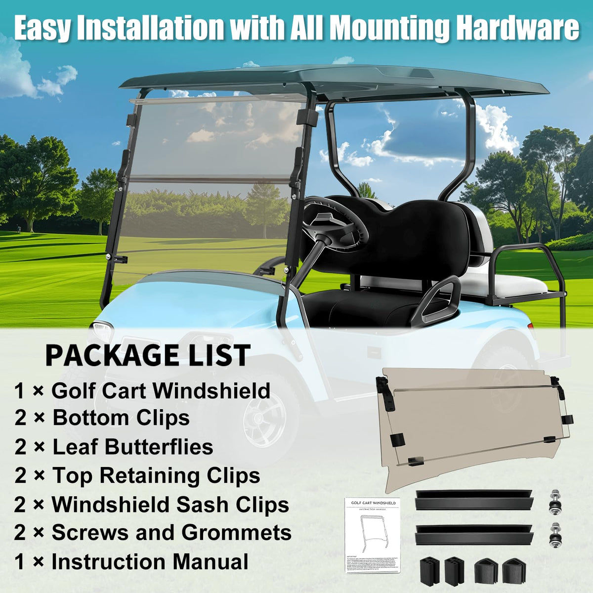 MOSNAI compact windshield enhances comfort on golf cart rides.