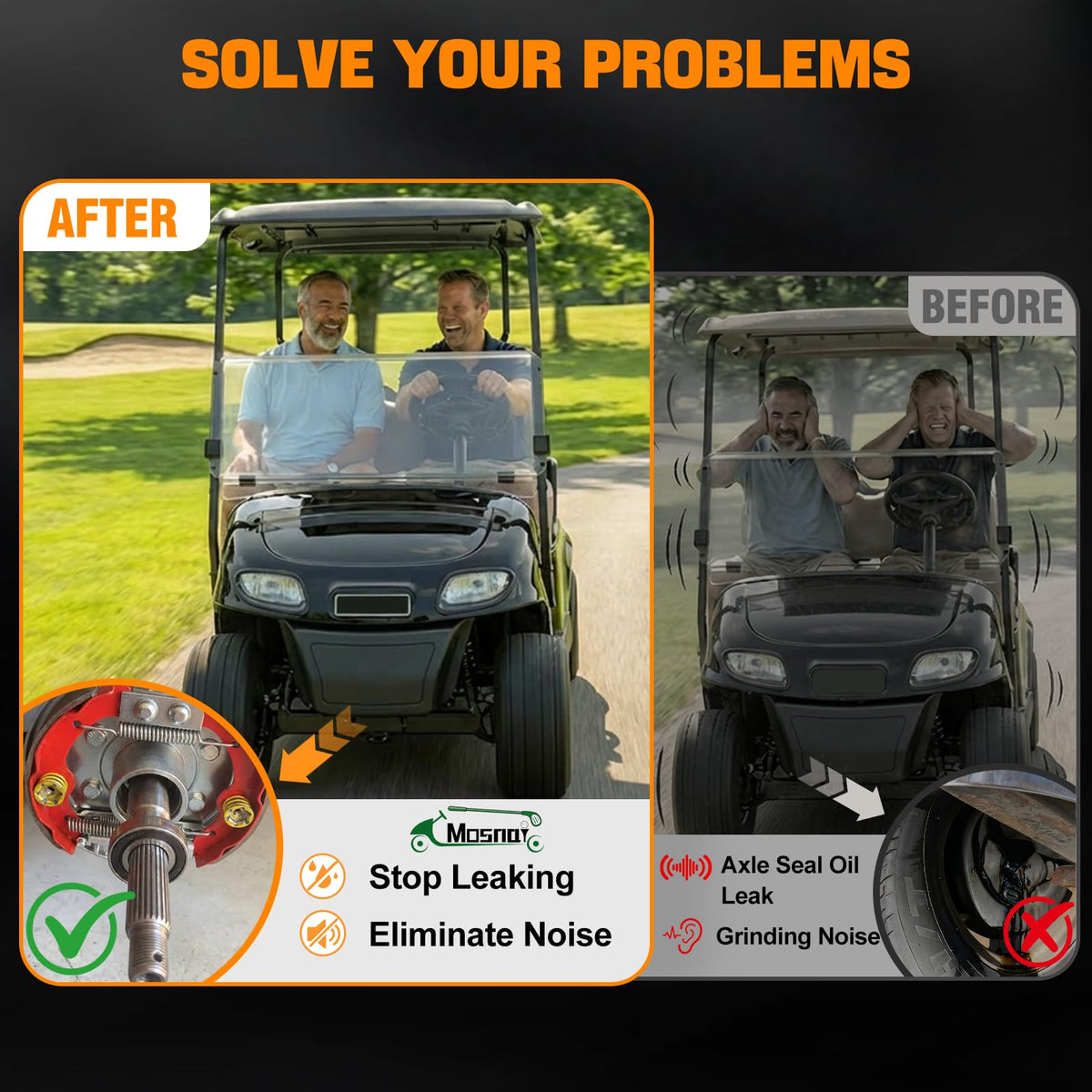 Two pack MOSNAI EZGO kit installed on axle for smooth ride