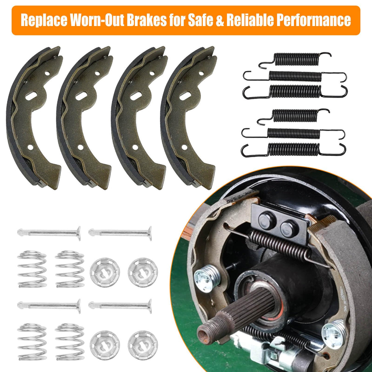 MOSNAI EZGO brake shoes kit packaging shot highlighting complete hardware set