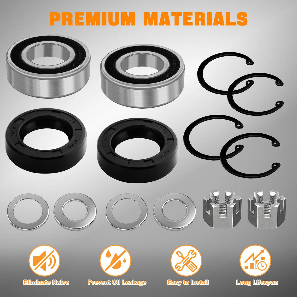 Exploded view of MOSNAI kit contents bearing seals snap rings for easy install
