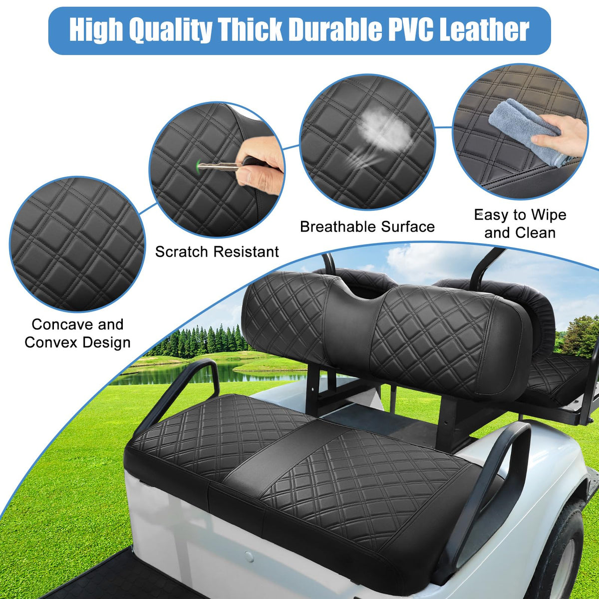 MOSNAI EZGO seat cover close-up highlights square stitching detail.