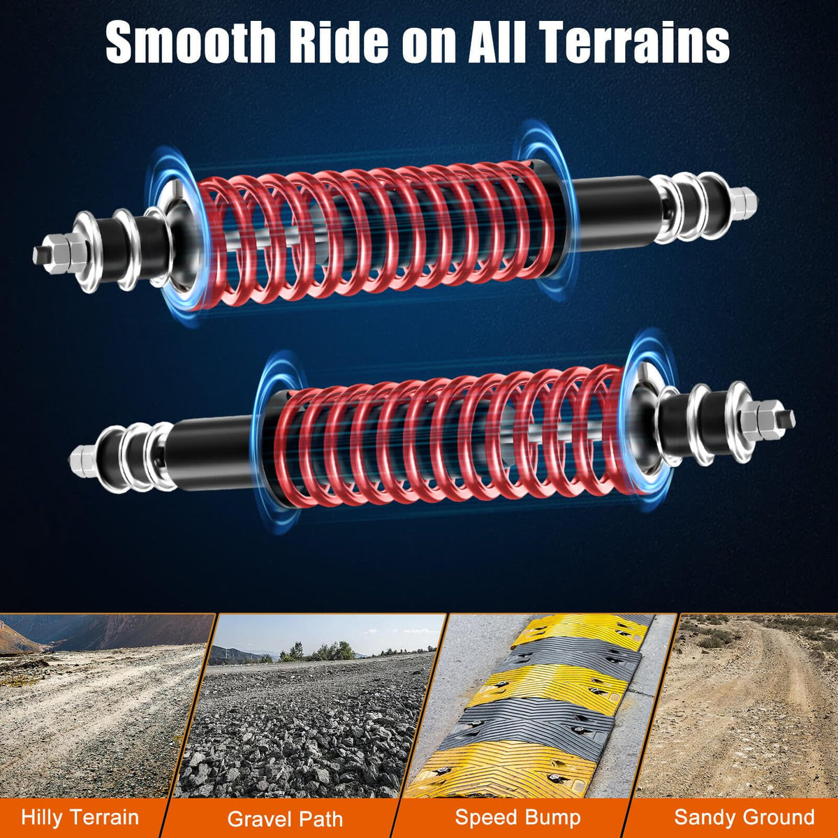 MOSNAI EZGO shock extenders included for lifted cart compatibility.