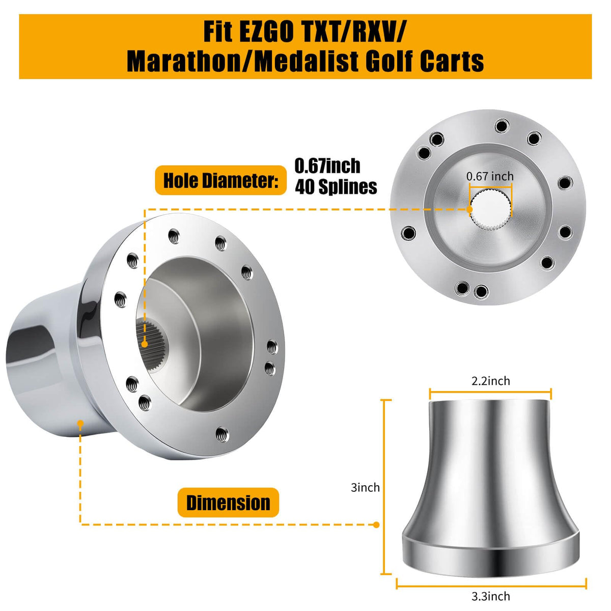 MOSNAI EZGO steering wheel adapter in silver finish for TXT/RXV carts.