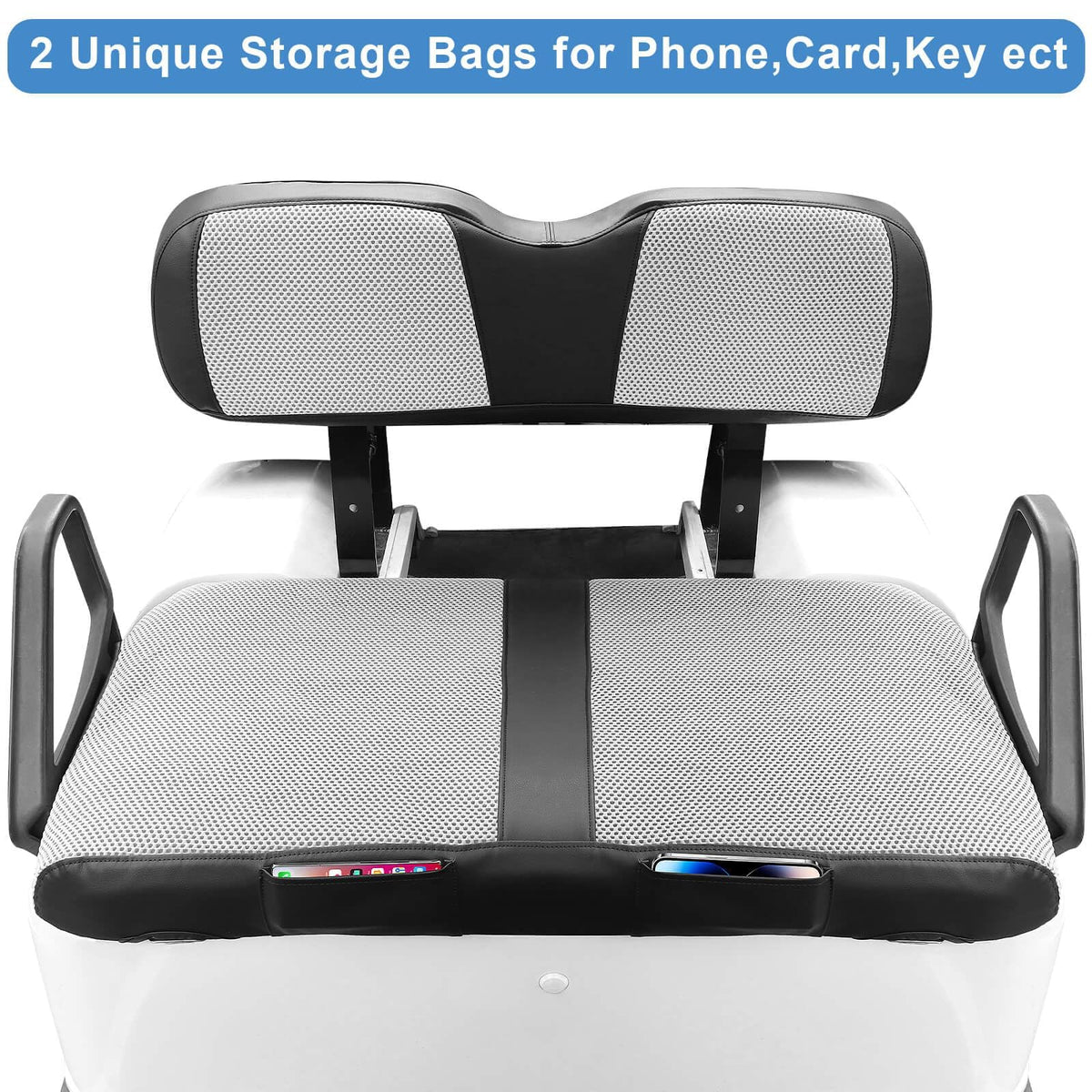 MOSNAI EZGO TXT front-seat cover with two pockets for keys and phone.