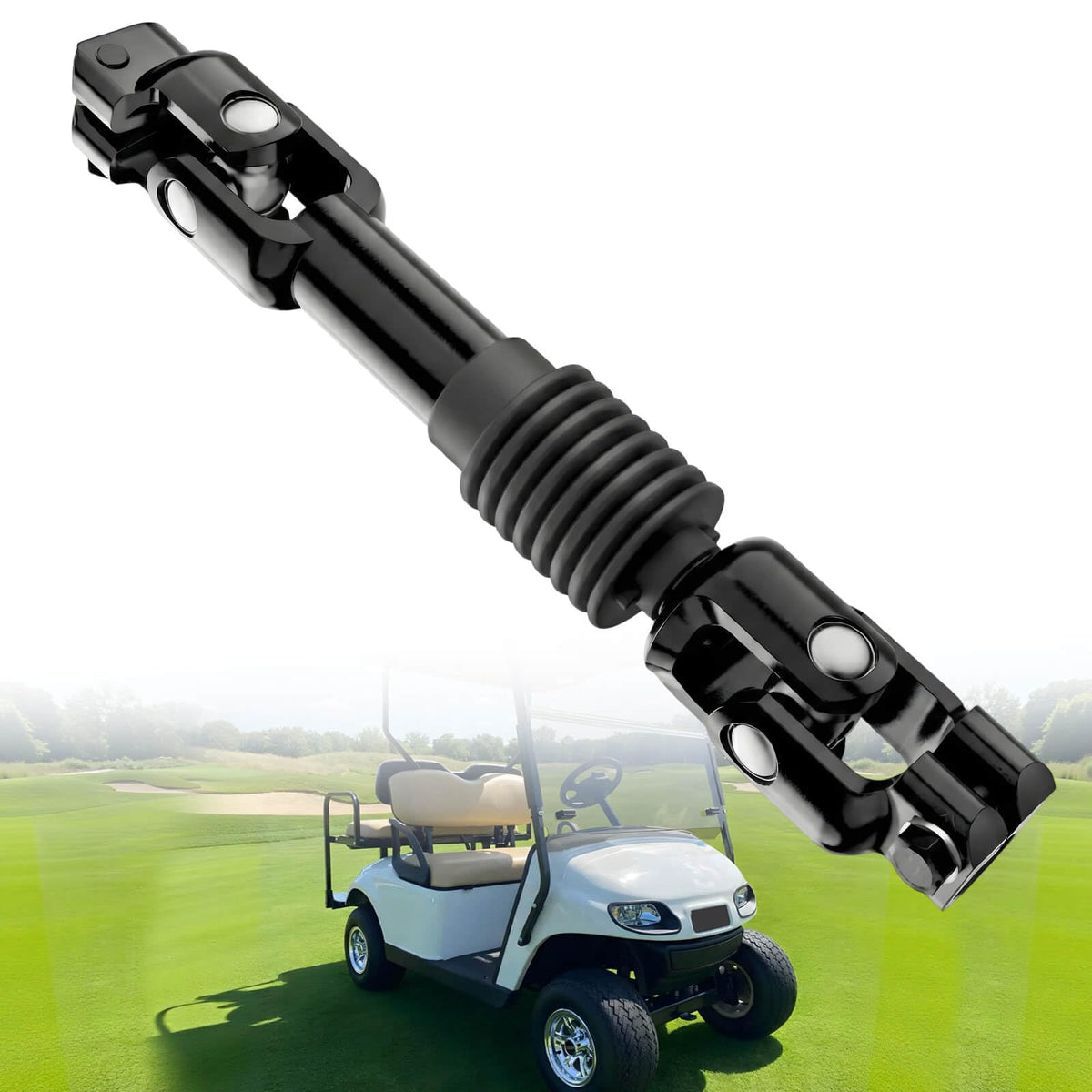 MOSNAI EZGO TXT intermediate steering shaft assembly left view, showing sturdy construction for reliability