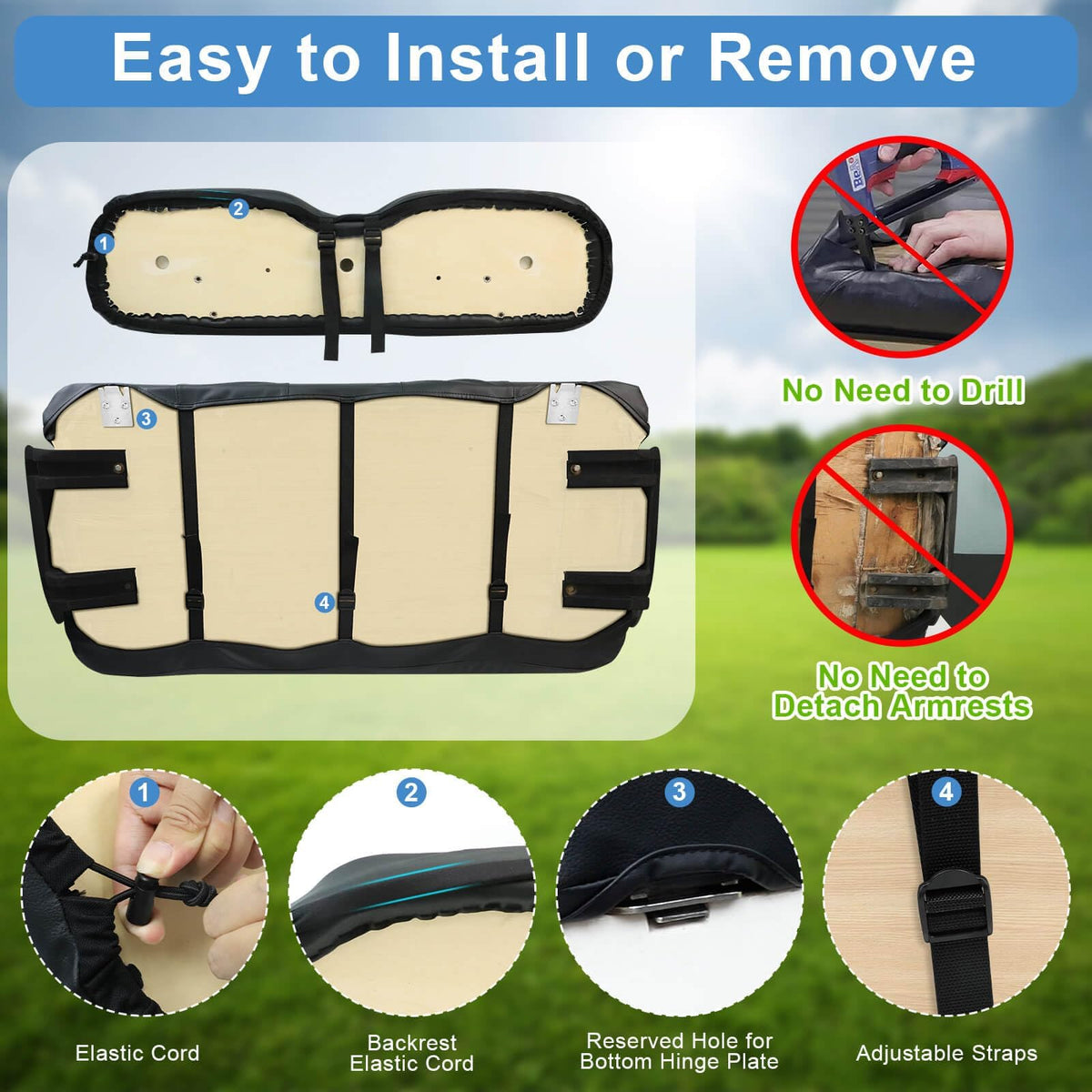 MOSNAI EZGO TXT seat cover protecting cushion from dirt and wear.