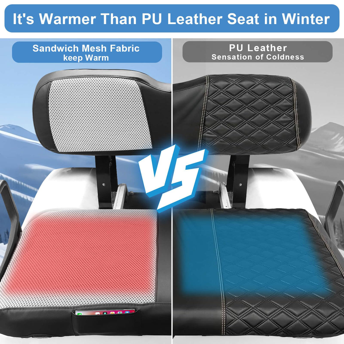 MOSNAI EZGO TXT seat cover shows leather-mesh blend and reinforced stitching.
