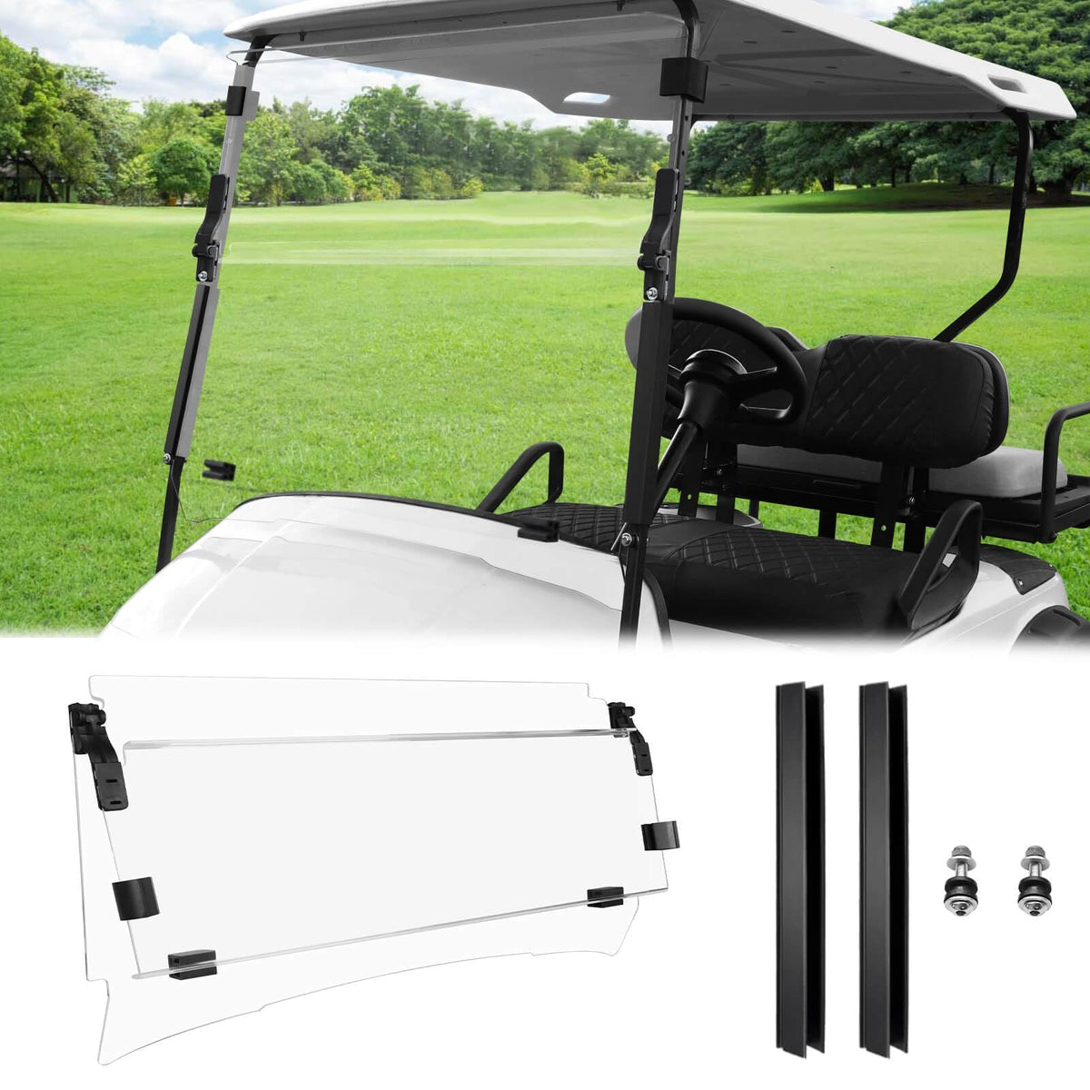 MOSNAI EZGO TXT windshield front view shows clear foldable protection.