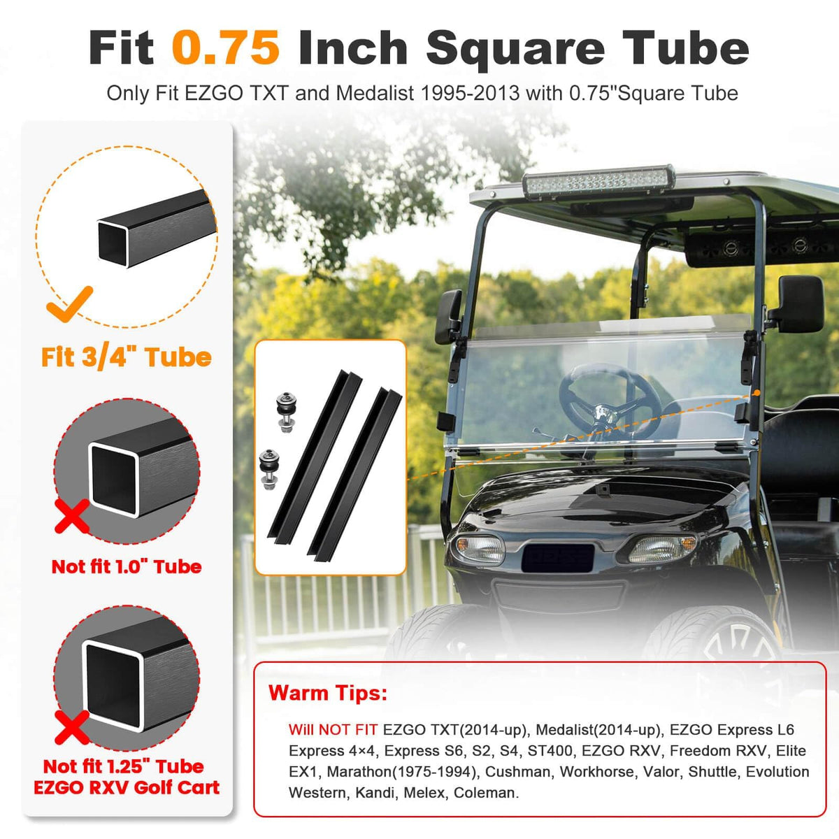 MOSNAI EZGO TXT windshield side installation view highlights quick setup.