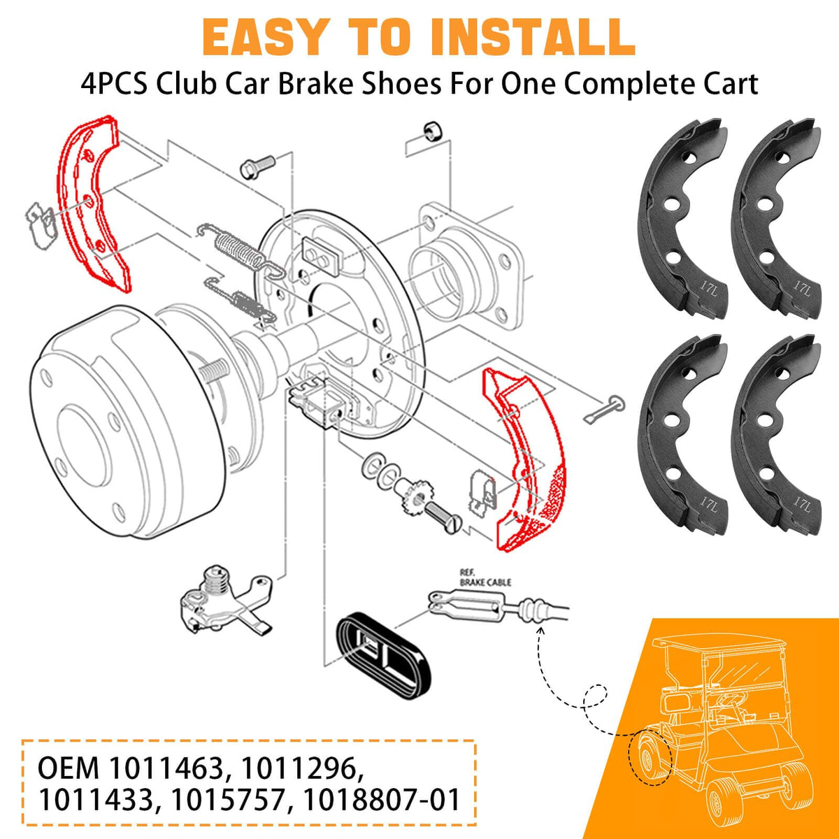 MOSNAI golf cart brake shoes kit, durable materials for Club Car DS/Carryall.