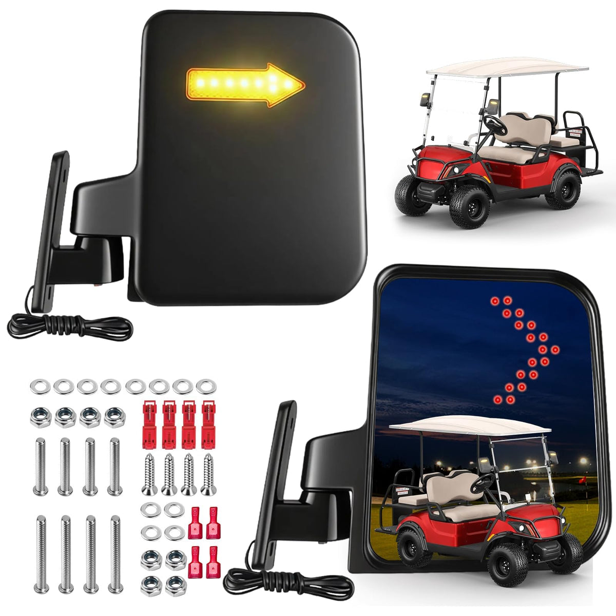MOSNAI golf cart mirror front view with turn signal for enhanced visibility.
